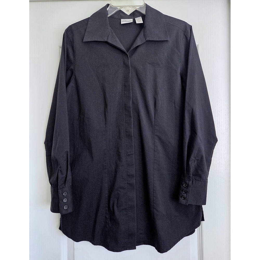Chicos Black Hidden Button Down Tunic Shirt Stretch Cotton‎ Blend Sz 1/M